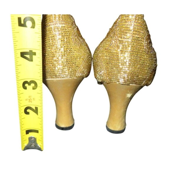 Valerie Stevens Veronica Gold Beaded Leather Kitten Heel Closed Toe Pumps - Picture 4 of 9